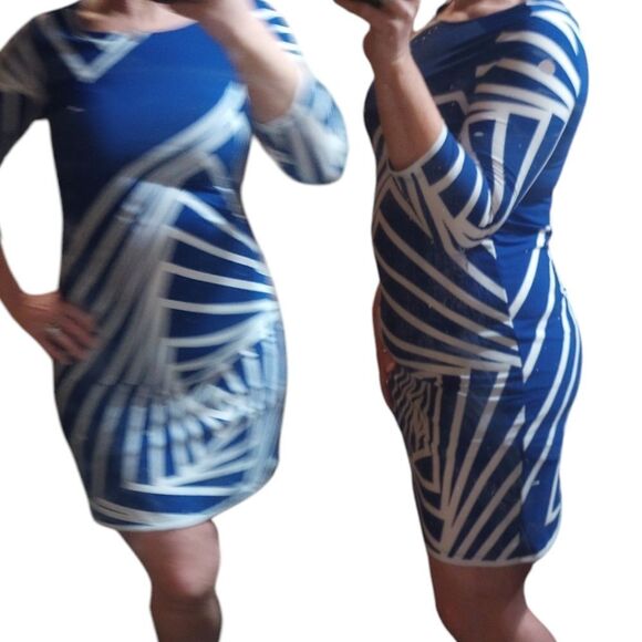 Haani geometric print 3/4 sleeve knee length dress NWT - Picture 1 of 7